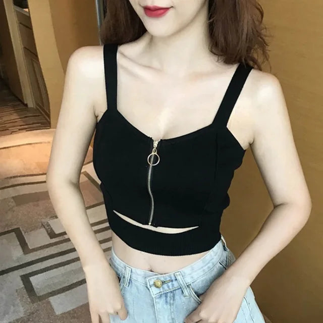 Women Crop Top Club Sexy Zipper Knitting Camisole With Hole Female Tank Tops Ladies Sleeveless Solid Simple Tops Women