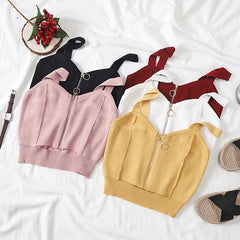 Women Crop Top Club Sexy Zipper Knitting Camisole With Hole Female Tank Tops Ladies Sleeveless Solid Simple Tops Women