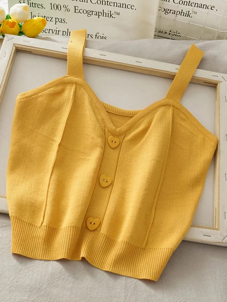 Women Crop Top Sweater Tank Top Button Up V Neck Sleeveless Knit Top Casual Beach Vest Female Camisole Cotton Tank