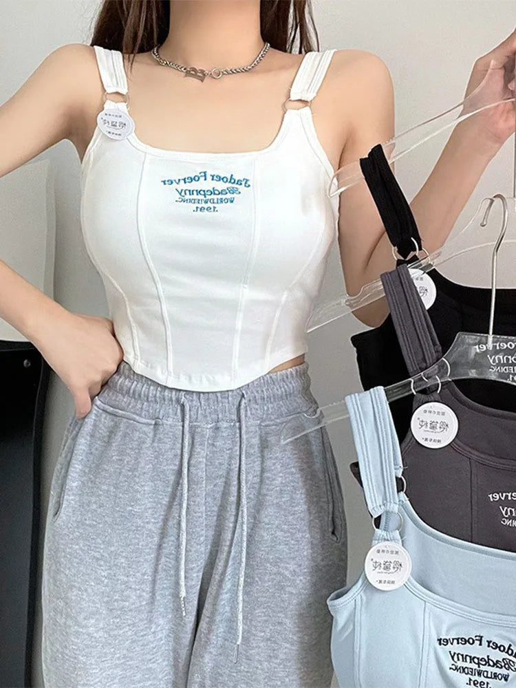 Women Embroid Letter Tank Tops With Bra Pad Casual Camis Y2K Crop Tops For Women Shoulder Belt Iron Ring Tank Tops