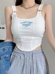 Women Embroid Letter Tank Tops With Bra Pad Casual Camis Y2K Crop Tops For Women Shoulder Belt Iron Ring Tank Tops