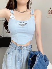 Women Embroid Letter Tank Tops With Bra Pad Casual Camis Y2K Crop Tops For Women Shoulder Belt Iron Ring Tank Tops