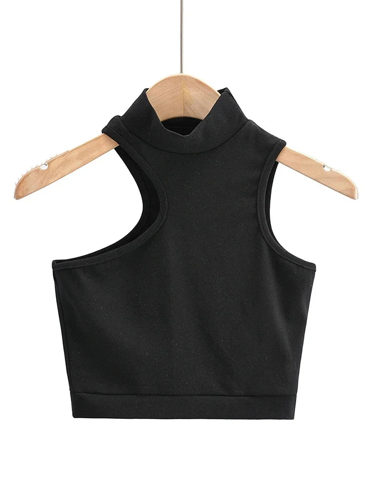 Women High Neck Crop Tank Top With Cut Out Detail Active Asymmetric Crop Tank Top