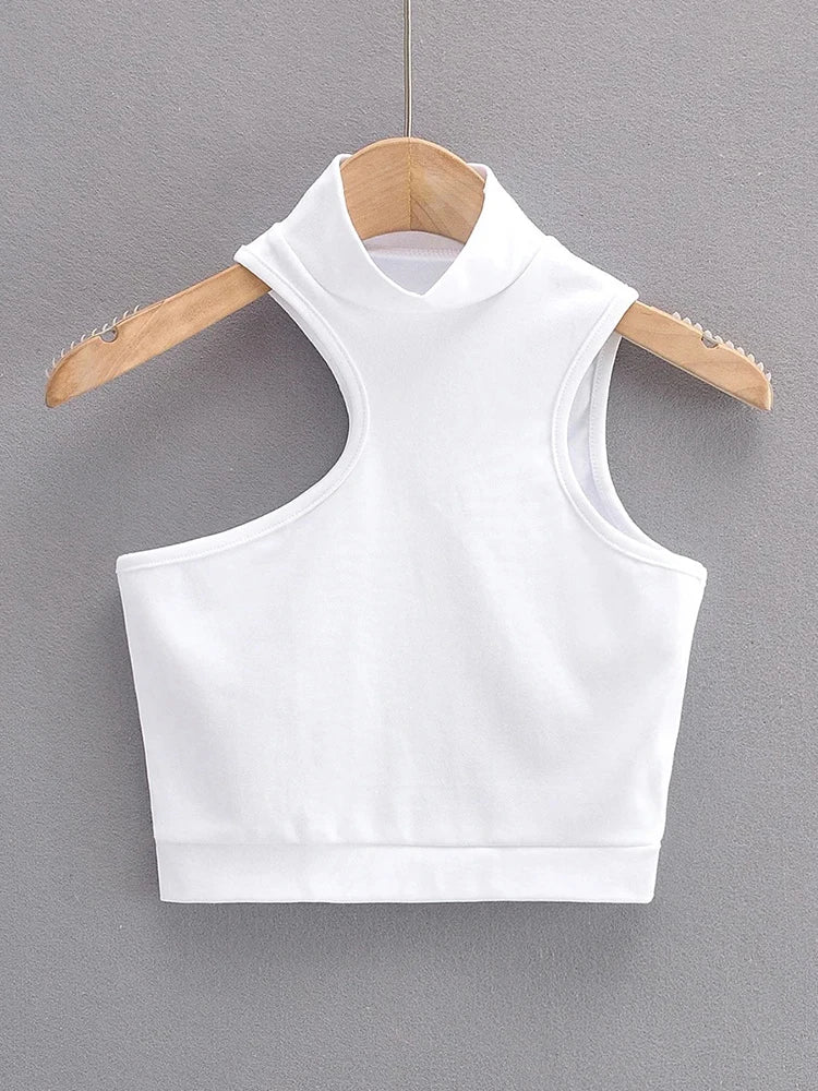 Women High Neck Crop Tank Top With Cut Out Detail Active Asymmetric Crop Tank Top