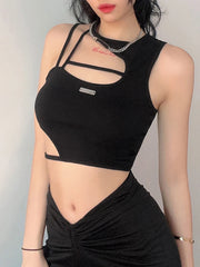 Women Hollow Out Black Y2K Tees Sleeveless Skinny Tops Cool Punk T-shirts Techwear 2024 Spring Summer New Sexy Crop Top