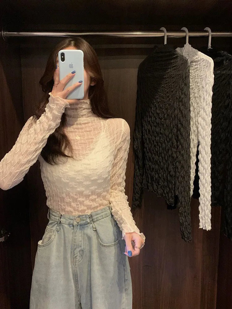 Women Lace Mesh High Collar Bottom T-shirts Female Long Sleeve Autumn Casual Style Tight Thin Tops T-shirts Women Clothes