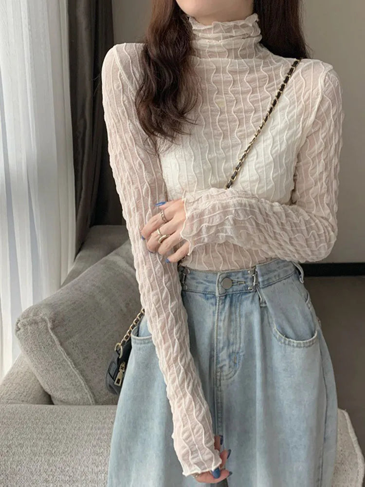 Women Lace Mesh High Collar Bottom T-shirts Female Long Sleeve Autumn Casual Style Tight Thin Tops T-shirts Women Clothes