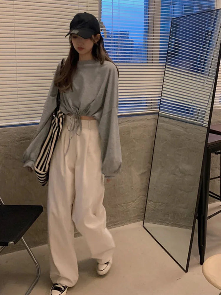 Women Long Sleeve T-shirts Fashion Solid Crop Top Soft Daily Loose Slouchy Drawstring Hem Womens O-Neck Trendy Basic Femme Tees