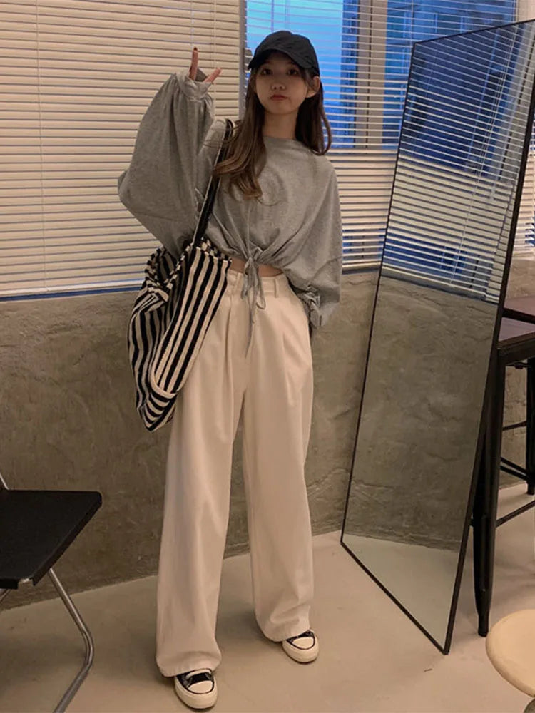 Women Long Sleeve T-shirts Fashion Solid Crop Top Soft Daily Loose Slouchy Drawstring Hem Womens O-Neck Trendy Basic Femme Tees