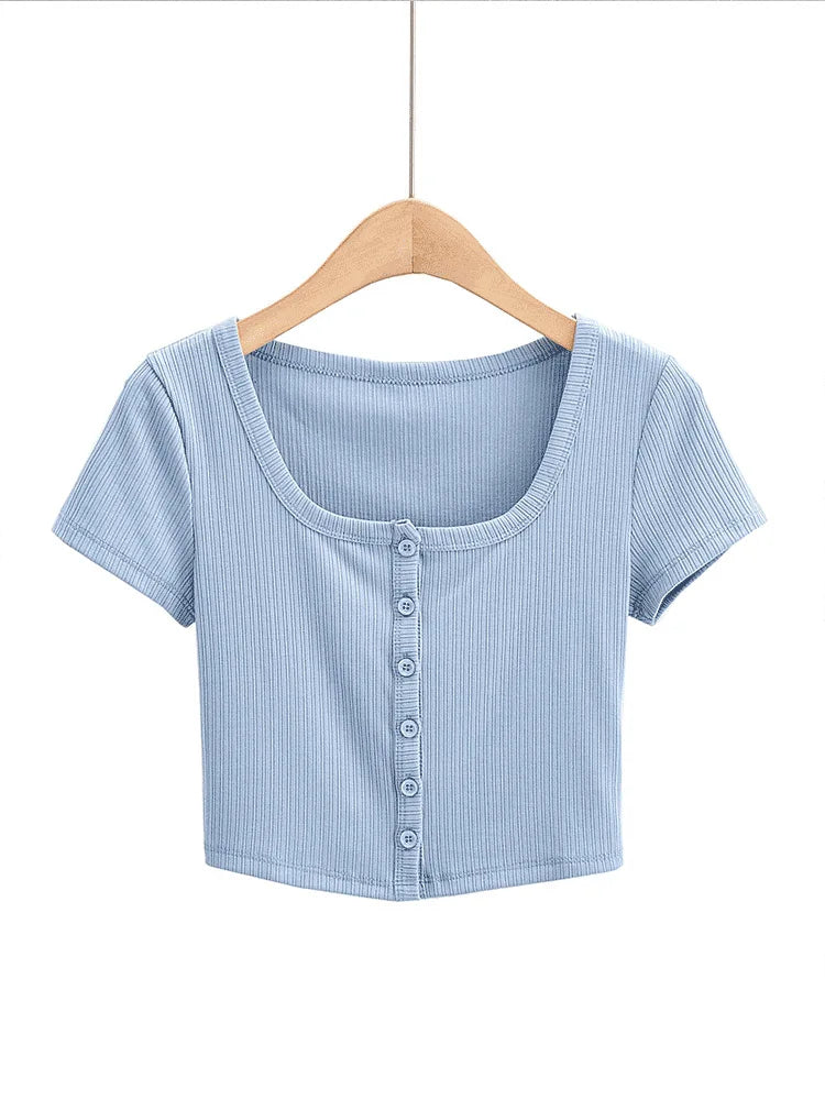 Women Rib Button Through Short Sleeve Top