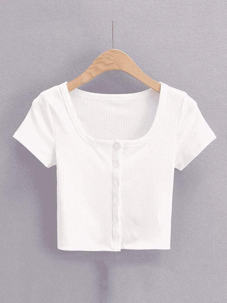 Women Rib Button Through Short Sleeve Top