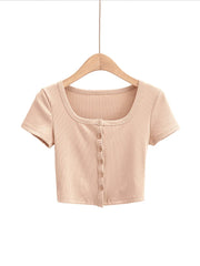 Women Rib Button Through Short Sleeve Top