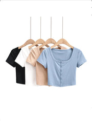 Women Rib Button Through Short Sleeve Top