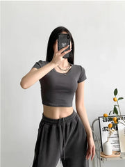 Women Sexy Top Summer Short Sleeve Round Neck Solid Bottoming T-shirt