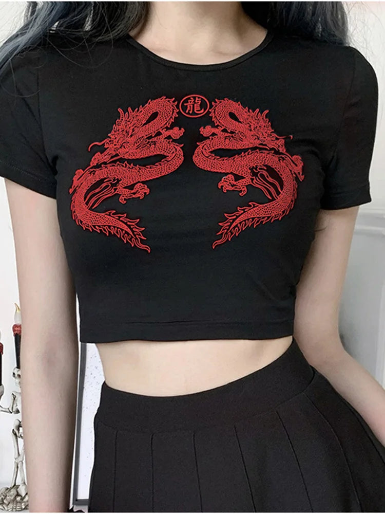 Women Short Sleeve Dragon Print T-shirt Summer Fashion Crop Top for Shopping Daily Wear