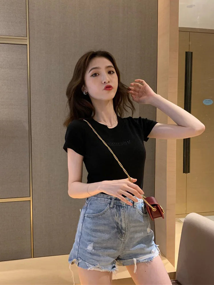 Women Short Sleeve Top Pure Ladies T-shirt Brand Letter Summer Embroidered Clothing Slim Cotton Pure Color Fashion Round Neck