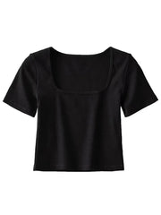 Women Square Neck Rib Crop T-shirt Short Sleeve Crop Top