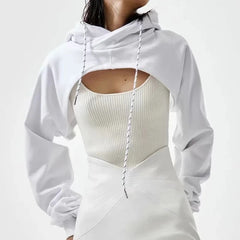 Women Summer New Sexy Fashion Super Short Hoodie Hiohop Drawstring Long Sleeves Open Chest Easy Tops Ropa Mujer Clothes