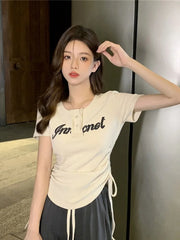 Women T-Shirts Y2k Tops Drawstring Summer Sexy Graphic Knitting Harajuku Korean Fashion Letter Short Sleeve Aesthetic Clothing