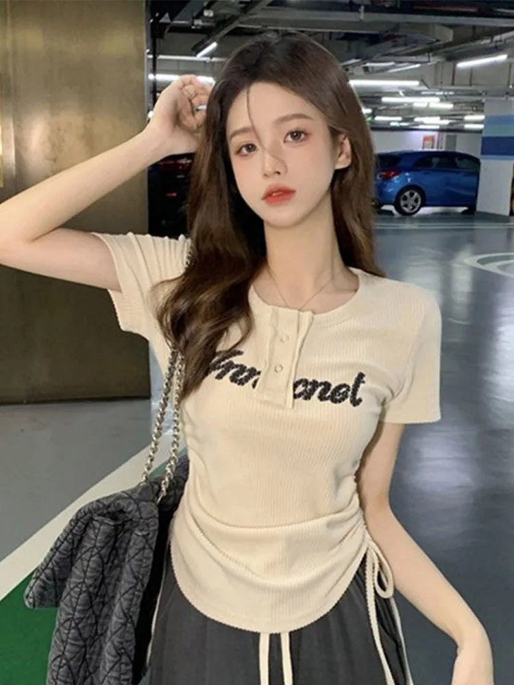 Women T-Shirts Y2k Tops Drawstring Summer Sexy Graphic Knitting Harajuku Korean Fashion Letter Short Sleeve Aesthetic Clothing