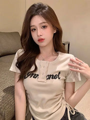 Women T-Shirts Y2k Tops Drawstring Summer Sexy Graphic Knitting Harajuku Korean Fashion Letter Short Sleeve Aesthetic Clothing