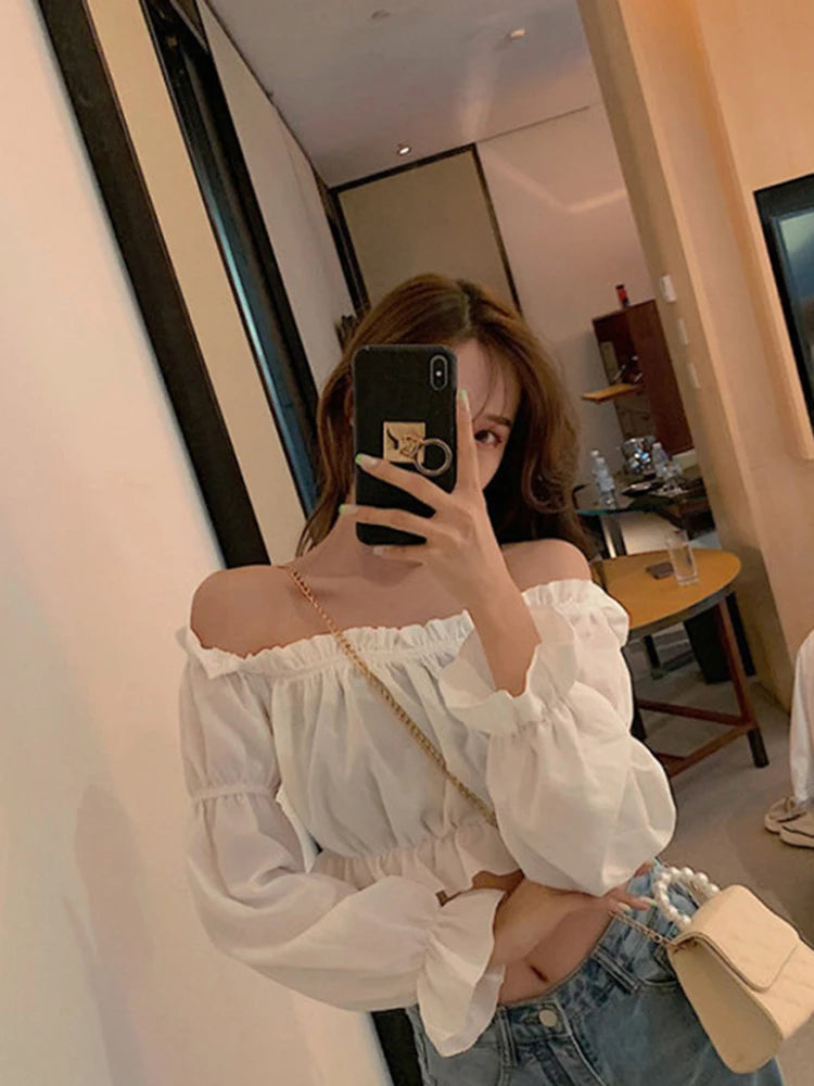 Women Top Sexy Blouse Off Shoulder Top Long Sleeve Solid Color White Shirt Puff Sleeve Ruffle Tunic Crop Top Summer Tube Top