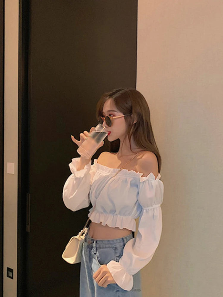 Women Top Sexy Blouse Off Shoulder Top Long Sleeve Solid Color White Shirt Puff Sleeve Ruffle Tunic Crop Top Summer Tube Top