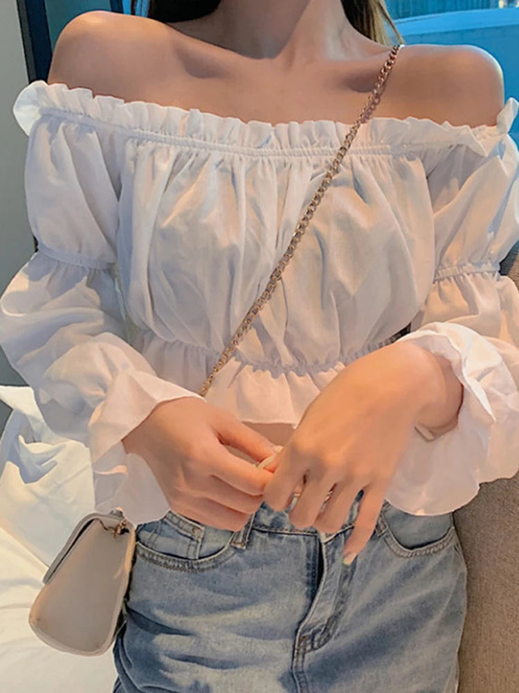 Women Top Sexy Blouse Off Shoulder Top Long Sleeve Solid Color White Shirt Puff Sleeve Ruffle Tunic Crop Top Summer Tube Top