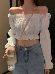 Women Top Sexy Blouse Off Shoulder Top Long Sleeve Solid Color White Shirt Puff Sleeve Ruffle Tunic Crop Top Summer Tube Top