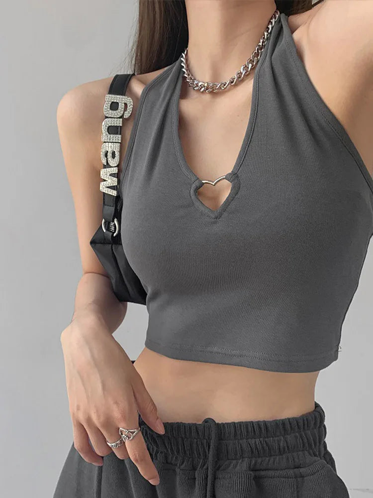 Women V Neck Hearted Hollow Out Halter Camis Tank Tops 2024 Summer Fashion Slim Cropped Lace Up Camisole