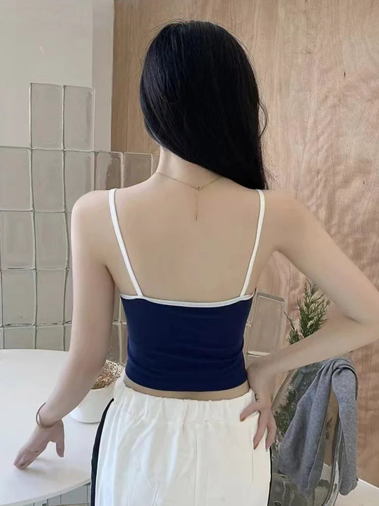 Women With Padded Bra Crop Tops O-neck Solid Crop Tops 2024 Summer Letter Printing Tops Spaghetti Camisole