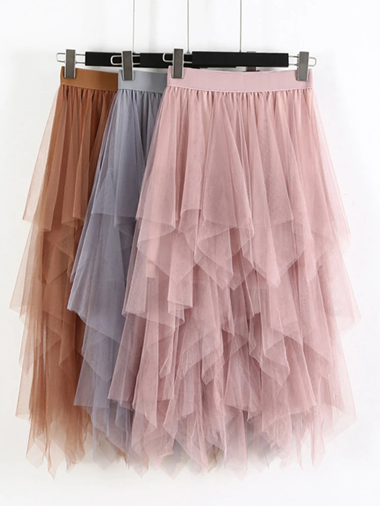 Women irregular Tulle Skirts Fashion Elastic High Waist Mesh Tutu Skirt Pleated Long Skirts Midi Skirt Saias Faldas Jupe Femmle