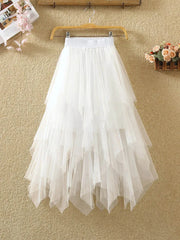 Women irregular Tulle Skirts Fashion Elastic High Waist Mesh Tutu Skirt Pleated Long Skirts Midi Skirt Saias Faldas Jupe Femmle