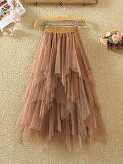 Women irregular Tulle Skirts Fashion Elastic High Waist Mesh Tutu Skirt Pleated Long Skirts Midi Skirt Saias Faldas Jupe Femmle