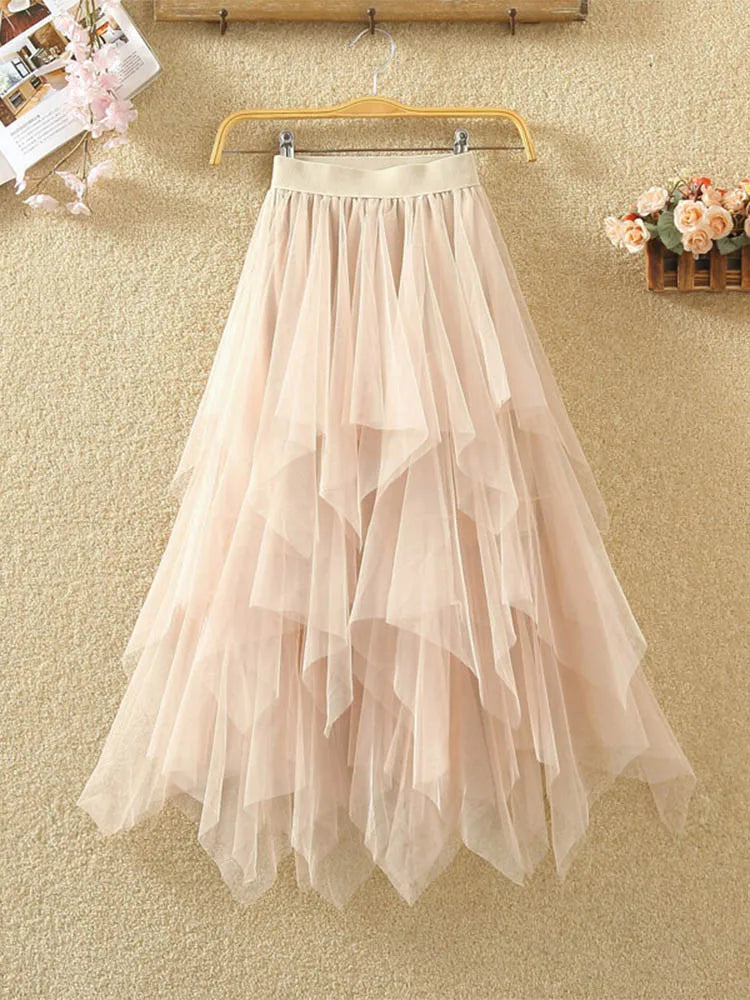 Women irregular Tulle Skirts Fashion Elastic High Waist Mesh Tutu Skirt Pleated Long Skirts Midi Skirt Saias Faldas Jupe Femmle