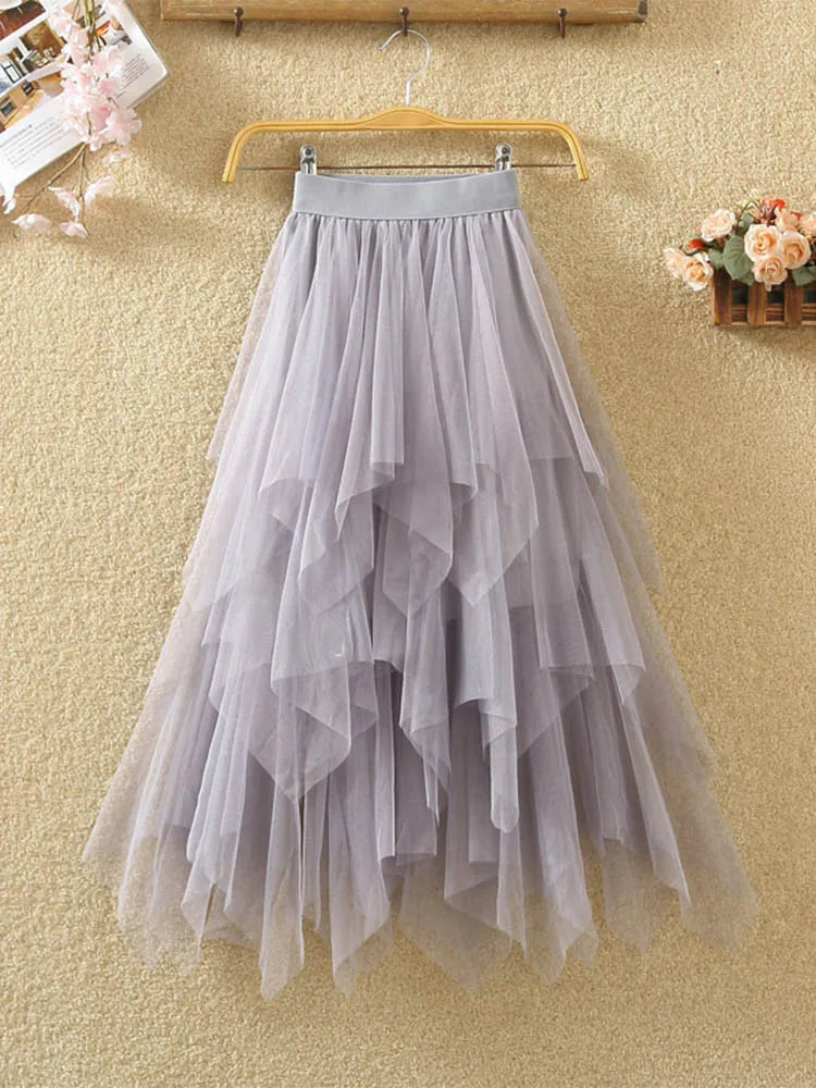 Women irregular Tulle Skirts Fashion Elastic High Waist Mesh Tutu Skirt Pleated Long Skirts Midi Skirt Saias Faldas Jupe Femmle