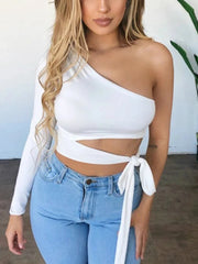 Women lady bandage slim tee tops long sleeve one-shoulder bow-tie elastic solid T Shirt cold shoulder sexy crop top Club Street