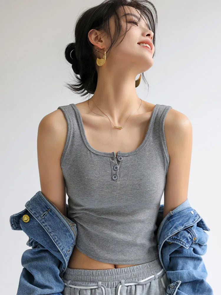 Women’s Basic Shirts Summer Streetwear White Crop Top 3 Buttons Sports Vest Y2k Elastic Rib-knit Sleeveless Tank Top Strap Black