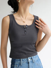 Women’s Basic Shirts Summer Streetwear White Crop Top 3 Buttons Sports Vest Y2k Elastic Rib-knit Sleeveless Tank Top Strap Black