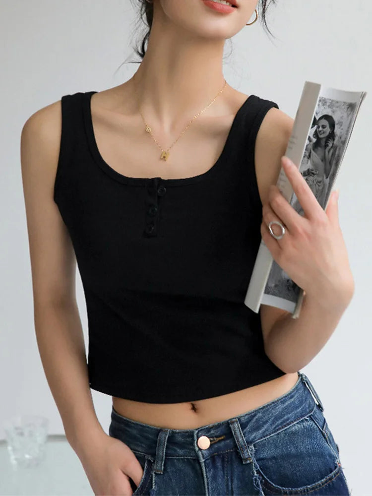 Women’s Basic Shirts Summer Streetwear White Crop Top 3 Buttons Sports Vest Y2k Elastic Rib-knit Sleeveless Tank Top Strap Black