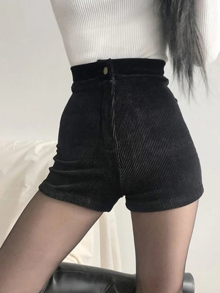 Women’s Black Goth Pants Shorts High Waist Spring Autumn Fashion Tight Sexy Stretch Y2K Corduroy Female Casual Pants