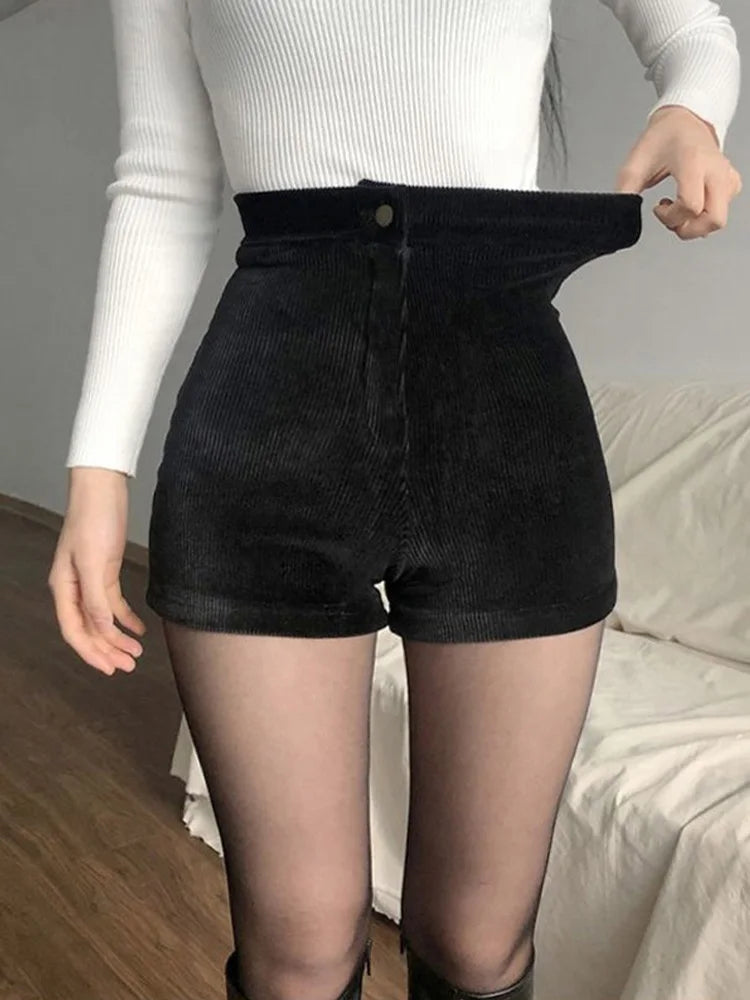 Women’s Black Goth Pants Shorts High Waist Spring Autumn Fashion Tight Sexy Stretch Y2K Corduroy Female Casual Pants