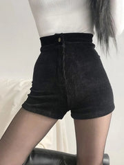 Women’s Black Goth Pants Shorts High Waist Spring Autumn Fashion Tight Sexy Stretch Y2K Corduroy Female Casual Pants