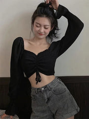 Women’s Fashion Off Shoulder Shirt Sexy Sweet Pleated Soild Navel Exposed Chiffon Long Sleeves Blouses