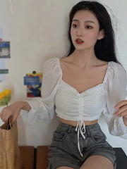 Women’s Fashion Off Shoulder Shirt Sexy Sweet Pleated Soild Navel Exposed Chiffon Long Sleeves Blouses