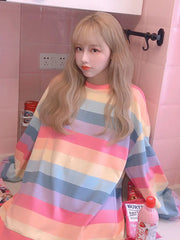 Women’s Jacket Autumn Winter Rainbow Striped Long-sleeved Hoodless Shirt Harajuku Female Student Korean Version Tide Loose Thin