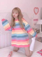 Women’s Jacket Autumn Winter Rainbow Striped Long-sleeved Hoodless Shirt Harajuku Female Student Korean Version Tide Loose Thin