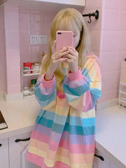 Women’s Jacket Autumn Winter Rainbow Striped Long-sleeved Hoodless Shirt Harajuku Female Student Korean Version Tide Loose Thin