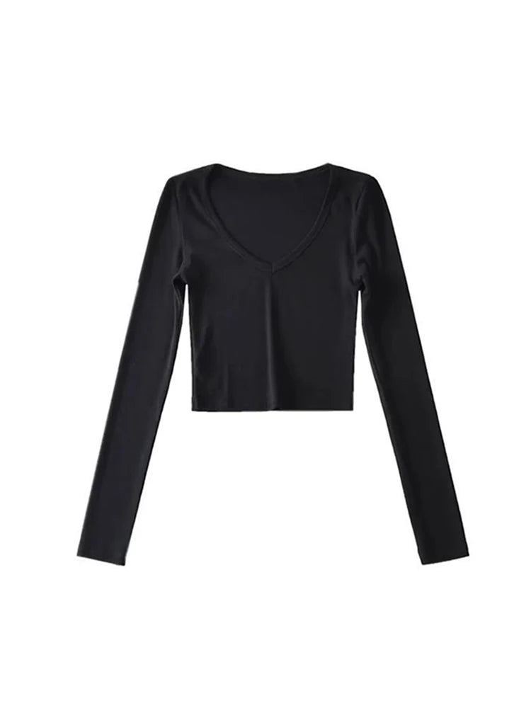 Women’s Sexy Crop Tops Spring and Autumn Long-sleeved V-Neck Cropped Top Bottoming Shirt T-shirt Tops