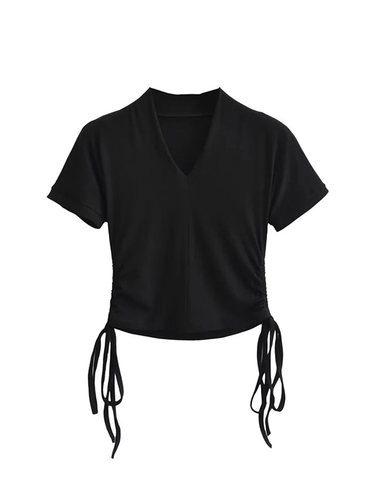 Women’s Sexy Top Summer Short Sleeve Deep V-neck Solid Knitted Crop Top Bottoming Short T-shirt Crop Tops